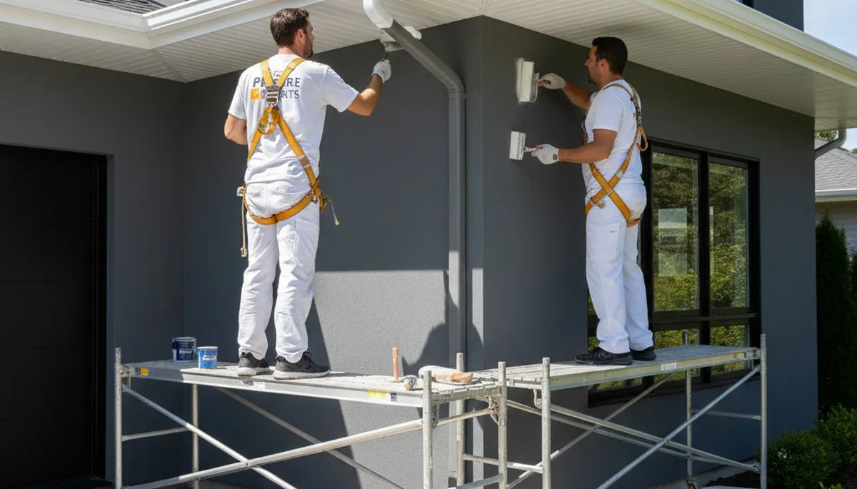 Painter finishing exterior trim and fascia on home in Saint Charles, MO for expert, durable results